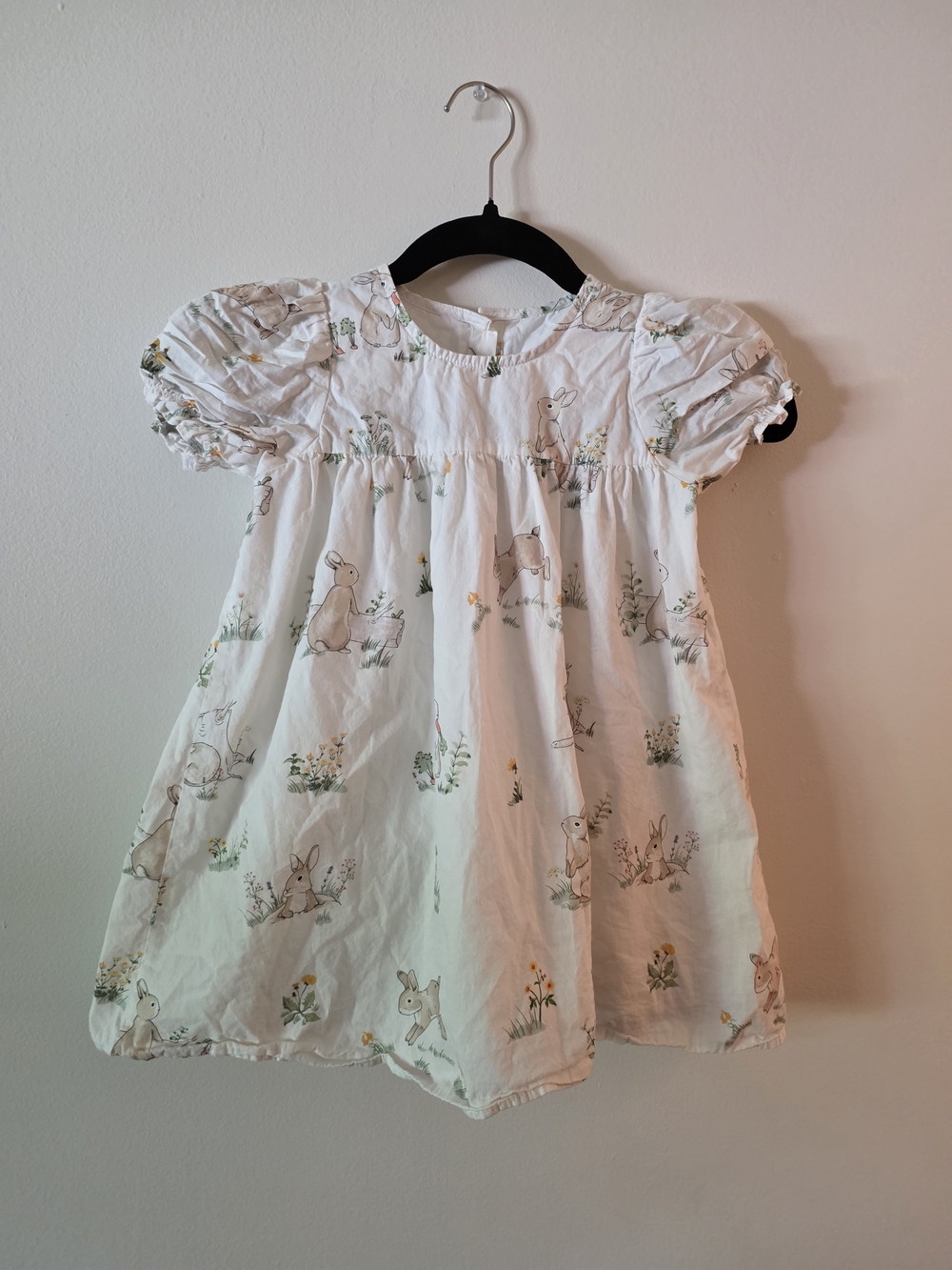 White Bunny Print Puff Sleeve Dress